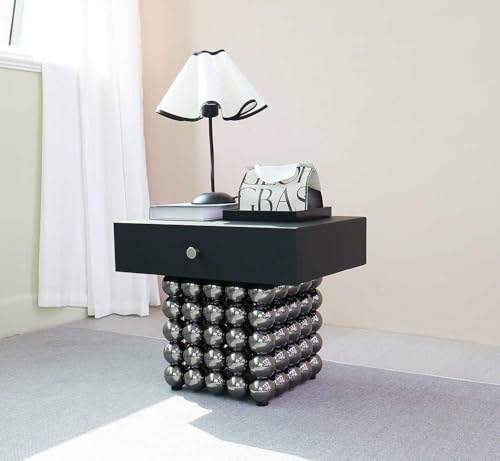 Bauhaus inspirierter schwebender Nachttisch mit Chrom-Kugelfuß, moderner schwarzer Beistelltisch mit Schubladenaufbewahrung, modernes Stahlkugel-Design von interoknack