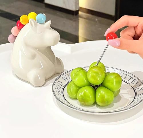 interoknack Einhorn-Obstgabelhalter aus Keramik mit bunter Regenbogenmähne, Edelstahl-Picker-Set mit kindersicherem Aufbewahrungsbehälter, skurriles Küchenzubehör interoknack Einhorn-Obstgabelhalter aus Keramik mit bunter Regenbogenmähne, Edelstahl-Picker-Set mit kindersicherem Aufbewahrungsbehälter, skurriles Küchenzubehör von interoknack