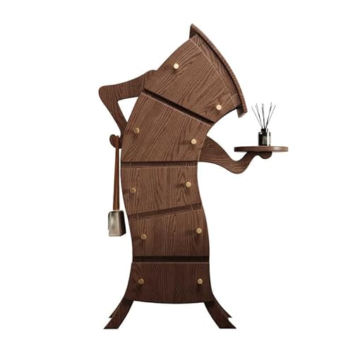 interoknack Roboter inspirierter Holzschrank mit gebogenem Design, 5 Schubladen, bodenstehender Akzentkommode mit Ausstellungsregal, moderne Wohnzimmermöbel von interoknack