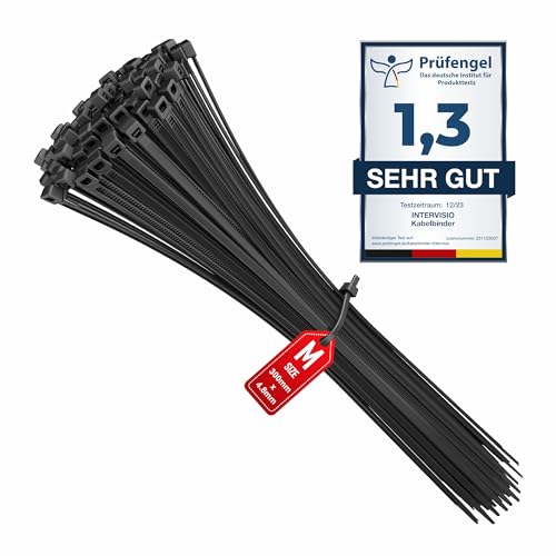intervisio Kabelbinder 300mm x 4,8mm, Nylon, Universalbinder, schwarz, 100 Stück Industriequalität Profi Binders von intervisio
