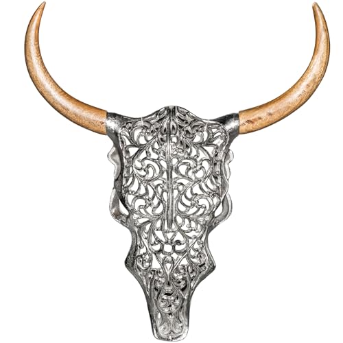 Invicta Interior Stylishe Wanddekoration Exotic Bull 57cm Silber Hörner aus Mangoholz Stierkopf mit Ornamenten aus Metall von invicta INTERIOR