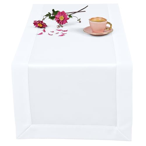 invitta Tischläufer Classic Elegance Weiß 40x140 cm, Uni Glatt Elegant mit 5 cm Kuvertsaum Fleckabweisend mit Lotuseffekt 100% Polyester, O5 H200 2000 von invitta