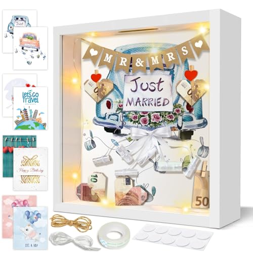 3D Bilderrahmen zum Befüllen, 8 IN 1 Geldgeschenk Personalisiert Objektrahmen Hochzeitsgeschenke für Brautpaar Tiefer Rahmen mit Licht Spardose Geschenk für Taufe Hochzeit Geburtstag Reisen von inyeskon