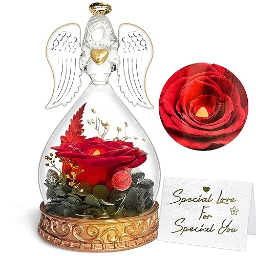 Ewige Rose Geschenke, Ewige Rose in Engel Glaskuppel, Konservierte Blumen Handgemachte Ewige Rose für Frauen Freundin Mutter zu Valentinstag Weihnachten Geburtstag (Rot) 1×stück von inyeskon
