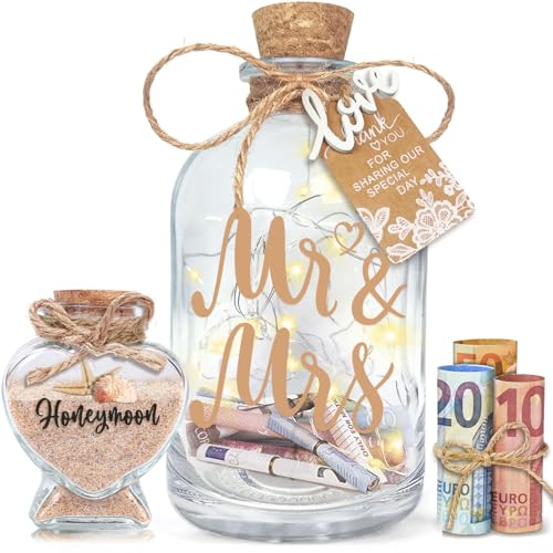 INYESKON Hochzeitsgeschenke für Brautpaar, LED Flaschenlicht Geldgeschenk Hochzeit, Personalisiert Mr & Mrs Geldgeschenke Hochzeit Geld Leuchtflasche für Brautpaar Hochzeitskasse Spardose Geschenk von inyeskon