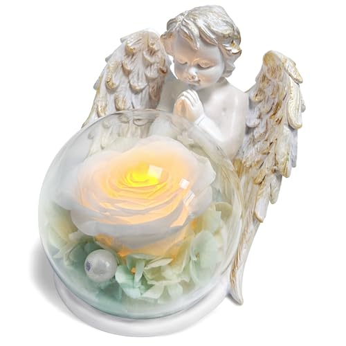 inyeskon Geburtstagsgeschenk für Frauen, Ewige Rose mit Engel Figur & LED Licht in Einer Glaskuppel Weiß Blume Engel Geschenke für Sie Mutter Oma zum Weihnachten Muttertag Valentinstag von inyeskon