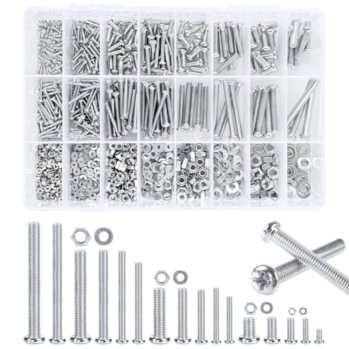 M2 M3 M4 M5 Schrauben Set 1320 Stk, Linsenkopfschrauben, Gewindeschrauben Set, Schrauben Muttern Set, Kreuzschlitzschrauben mit Sechskantmuttern und Unterlegscheiben, Maschinenschrauben Sortiment Kit von inzeyoz