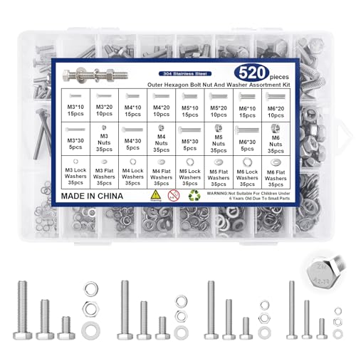 M3 M4 M5 M6 Sechskantschrauben Set 520 Stück, Edelstahl A2 Schrauben Set Mit Muttern Unterlegscheiben, Maschinenschrauben Gewindeschrauben Set Geeignet Für Reparaturen von inzeyoz