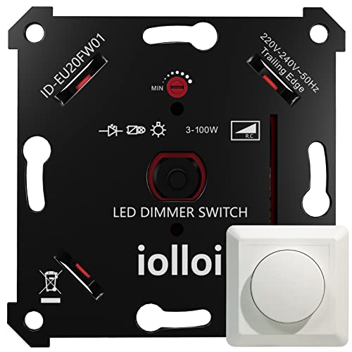 iolloi Dimmer Schalter, LED Dimmschalter 5–100W Unterputzdosen Drehdimmer für Dimmbare LED/Halogen Leuchtmittel (mit Abdeckung/ohne Klemmkrallen, LED 100W) von iolloi