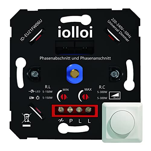 iolloi Dimmer, LED Dimmerschalter, Dimmer für LED Lampen, LED Dimmer, Universal 5–300 W Unterputzdosen Drehdimmer für Dimmbare LED & Halogen Leuchtmittel, mit Klemmkrallen von iolloi