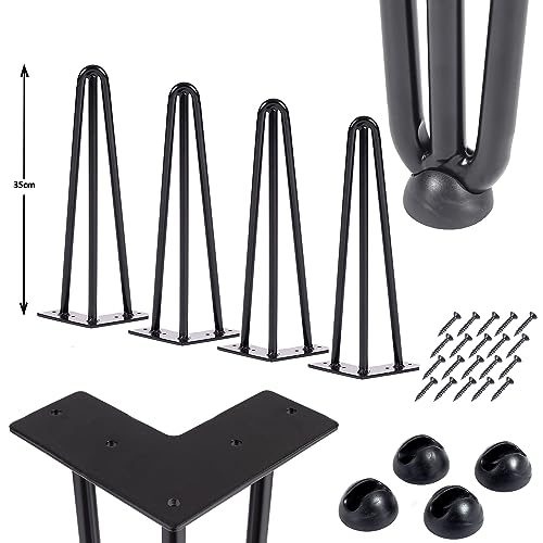 iomangio® 4er Set Hairpin Legs Schwarz 35cm Höhe 3 Stahl Streben – DIY Haarnadel Tischbeine + Bodenschoner & Schrauben – Möbelfüße Tisch Nachttisch Stuhl Tischgestell Haarnadelbeine pulverbeschichtet von iomangio