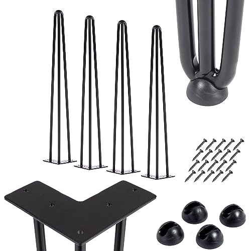 iomangio® 4er Set Hairpin Legs Schwarz 72cm Höhe 3 Stahl Streben – DIY Haarnadel Tischbeine + Bodenschoner & Schrauben – Möbelfüße Tisch Nachttisch Stuhl Tischgestell Haarnadelbeine pulverbeschichtet von iomangio