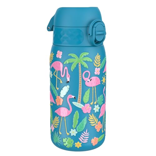 ION8 Kinder Trinkflasche, Edelstahl Leicht 400ml, Nicht Isoliert, Auslaufsicher, Einhandöffnung, Sichere Verriegelung, Spülmaschinenfest, Klappdeckel, Tragegriff, Leicht zu Reinigen, Flamingos, von ion8