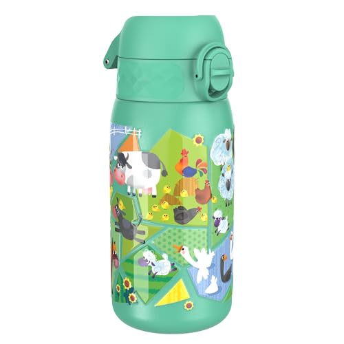 ION8 Kinder Trinkflasche, Edelstahl Leicht 400ml, Nicht Isoliert, Auslaufsicher, Einhandöffnung, Sichere Verriegelung, Spülmaschinenfest, Klappdeckel, Tragegriff, Leicht zu Reinigen, Nutztiere, von ion8