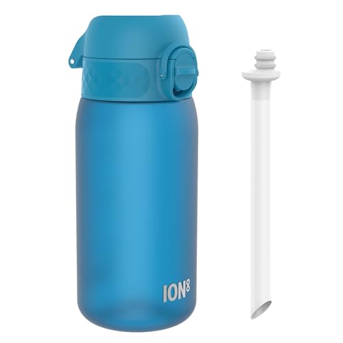 Ion8 Kinder Trinkflasche Mit Strohhalm, 350ml, Auslaufsicher, Einhandöffnung, Sichere Verriegelung, Spülmaschinenfest, BPA-frei, Tragegriff, Klappdeckel, Leicht zu Reinigen, Klimaneutral, Blau von ion8