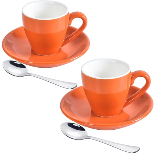 ionEgg Espressotasse aus Porzellan mit Untertasse und Mini-Löffeln aus Edelstahl, Espresso-Schnapsbecher, 80 ml, 2 Stück, Orange von ionEgg
