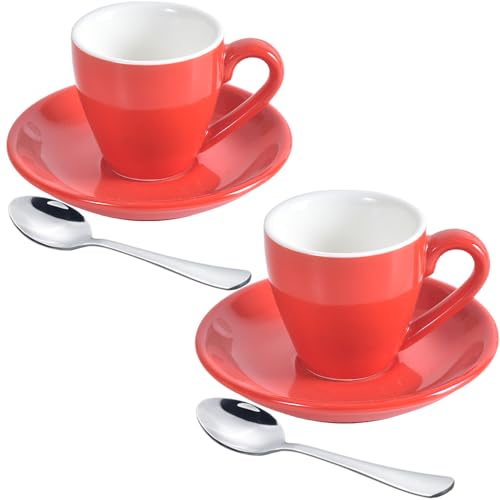 ionEgg Espressotasse aus Porzellan mit Untertasse und Mini-Löffeln aus Edelstahl, Espresso-Schnapsbecher, 80 ml, 2 Stück, Rot von ionEgg