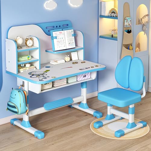 Kids Study Desk and Chair Set, Height Adjustable Children School Study Table Chair Set with Astronaut Pattern, Ergonomic Desk Chair with Large Writing Board, Bookshelf and Drawer (Blue) von iondelce