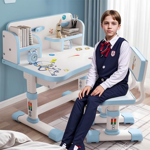 Kinder Schreibtisch und Stuhl Set, höhenverstellbar Kinder Studie Tisch Stuhl Set mit Astronaut Muster, Ergonomische Schreibtischstuhl mit großen Schreibtafel, Bücherregal und Schublade (Blau A) von iondelce