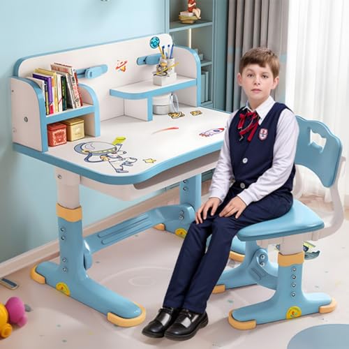 Kinder Schreibtisch und Stuhl Set, höhenverstellbar Kinder Studie Tisch Stuhl Set mit Astronaut Muster, Ergonomische Schreibtischstuhl mit großen Schreibtafel, Bücherregal und Schublade (Blau B) von iondelce