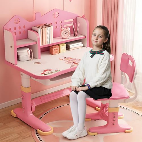 Kinder Schreibtisch und Stuhl Set, höhenverstellbar Kinder Studie Tisch Stuhl Set mit Astronaut Muster, Ergonomische Schreibtischstuhl mit großen Schreibtafel, Bücherregal und Schublade (Rosa B) von iondelce