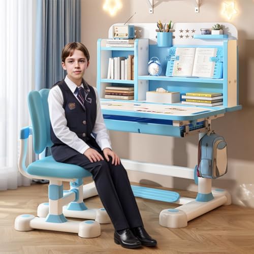 Schreibtisch Kinder, Kinderschreibtisch Höhenverstellbar,Ergonomische Schreibtischstuhl mit Großen Schreibtafel, Bücherregal und Schublade,Schreibtisch Kinder ab 6 Jahren (Blau D) von iondelce