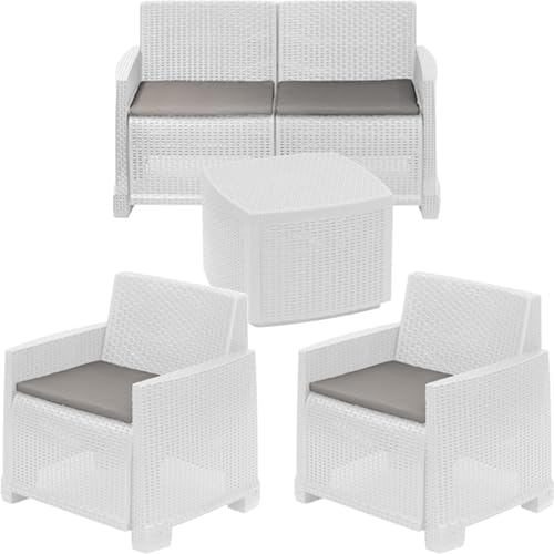 ipae progarden | Set Como, Wohnzimmer aus Polypropylen in Rattan-Optik, geflochten, mit 2-Sitzer-Sofa, 2 Sesseln und Couchtisch mit Stauraum, hergestellt in Italien (weiß) von ipae progarden