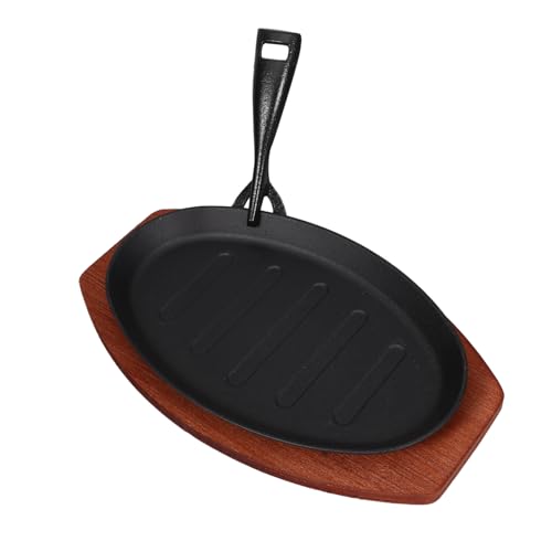 iplusmile Gusseisen Steakpfanne mit Holztablett und Gabel Hitzebeständige Grillplatte für Westliche Küche und Teppanyaki Einfache Reinigung Aromaverstärkend für Gesellige Anlässe von iplusmile