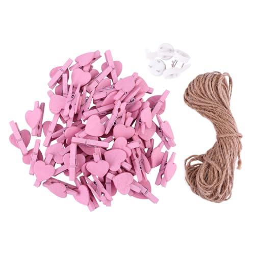 iplusmile Teiliges Rosa Holzklammern mit Herzförmigen Clips und Hanfseil Praktische Memo Fotoklammern Inklusive Tragbaren Reißzwecken für DIY Fotowand Dekoration und Notizen von iplusmile