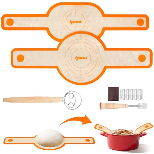 Silikon Brotschlinge für Dutch Oven mit Teigbesen & Brot Lame, Antihaft & Leicht zu reinigen Wiederverwendbare Brotschlinge, Extra Dicke Silikon Brotbackmatte mit langen Griffen - Orange von ipow
