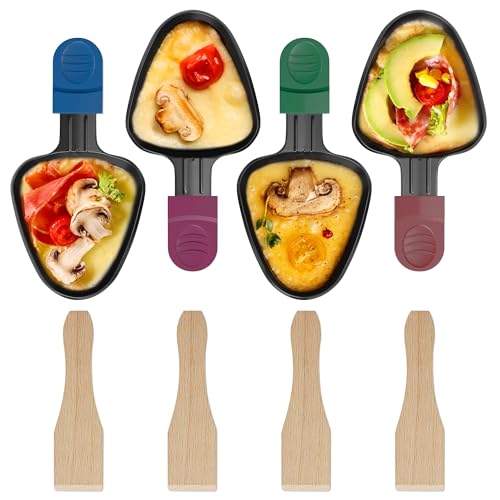 ipow 4 Stück Raclette Pfännchen Ersatz Mini Pfännchen Antihaftbeschichtet dreieckig für Raclette mit 4 Holzschaufeln und bunten Isoliergriffen von ipow