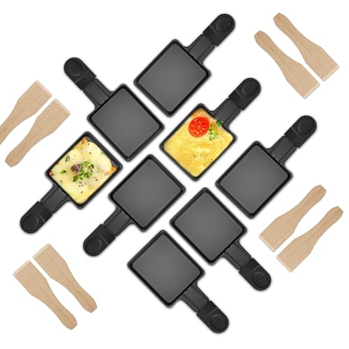 ipow Raclette Pfännchen 8 Stück, Mini Raclette Pfännchen Ersatz Antihaftbeschichtet für Raclette Zubehör mit 4 Holzschaufeln und Isolierten Griffen von ipow