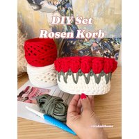 Diy Set Rosen Korb Aus Textilgarn Mit Video Anleitung/Aufbewahrungskorb/ Häkelkorb Geschenkidee Sommer Geburtstag Geschenk von iraknithome