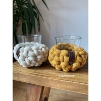 Windlichtglas |Teelichter |Kerzenhalter | Gehäkelte Kerzenhalter Teelicht Kerze Im Glas Recycelte Baumwolle Gehäkelt Boho Stil von iraknithome