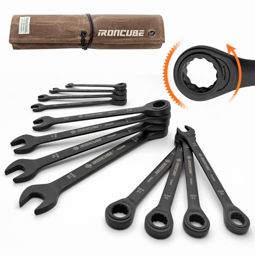 ironcube Ratschenschlüssel-Set, 12-teilig, metrisch, 8–19 mm, CR-V-Stahl, robust, schwarz, mit Aufbewahrungstasche aus Wachs-Leinwand für Off-Road-Werkzeug-Kits, Backup von ironcube