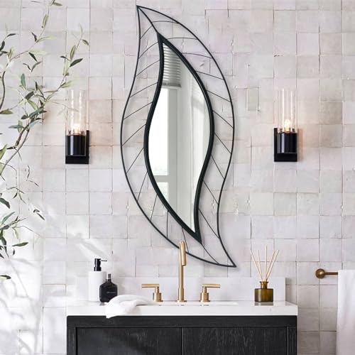 ironsmithn Wandspiegel, dekorativer Spiegel, Blatt, stilvolle Dekoration für Badezimmer, Wohnzimmer oder Schlafzimmer (schwarz) von ironsmithn