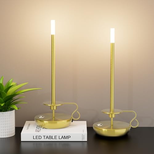 irotine 2 Stück Gold Kabellose Kerzenlampen,Wiederaufladbare Tischlampe 5500mAh Batteriebetriebene Dimmbare Kerzen Leuchterlampe Wireless Touch Schreibtischlampe für Restaurant,3000K Warmes Licht von irotine