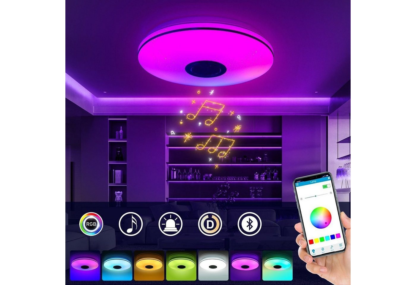 WILGOON Deckenleuchte LED Deckenlampe Bluetooth Lautsprecher RGB Dimmbar, LED fest integriert, Warmweiß, Naturweiß, Kaltweiß, RGB, Streamer-Licht mit Lautsprecher, Badleuchte Wohnzimmer Küche Flur Lampe von WILGOON