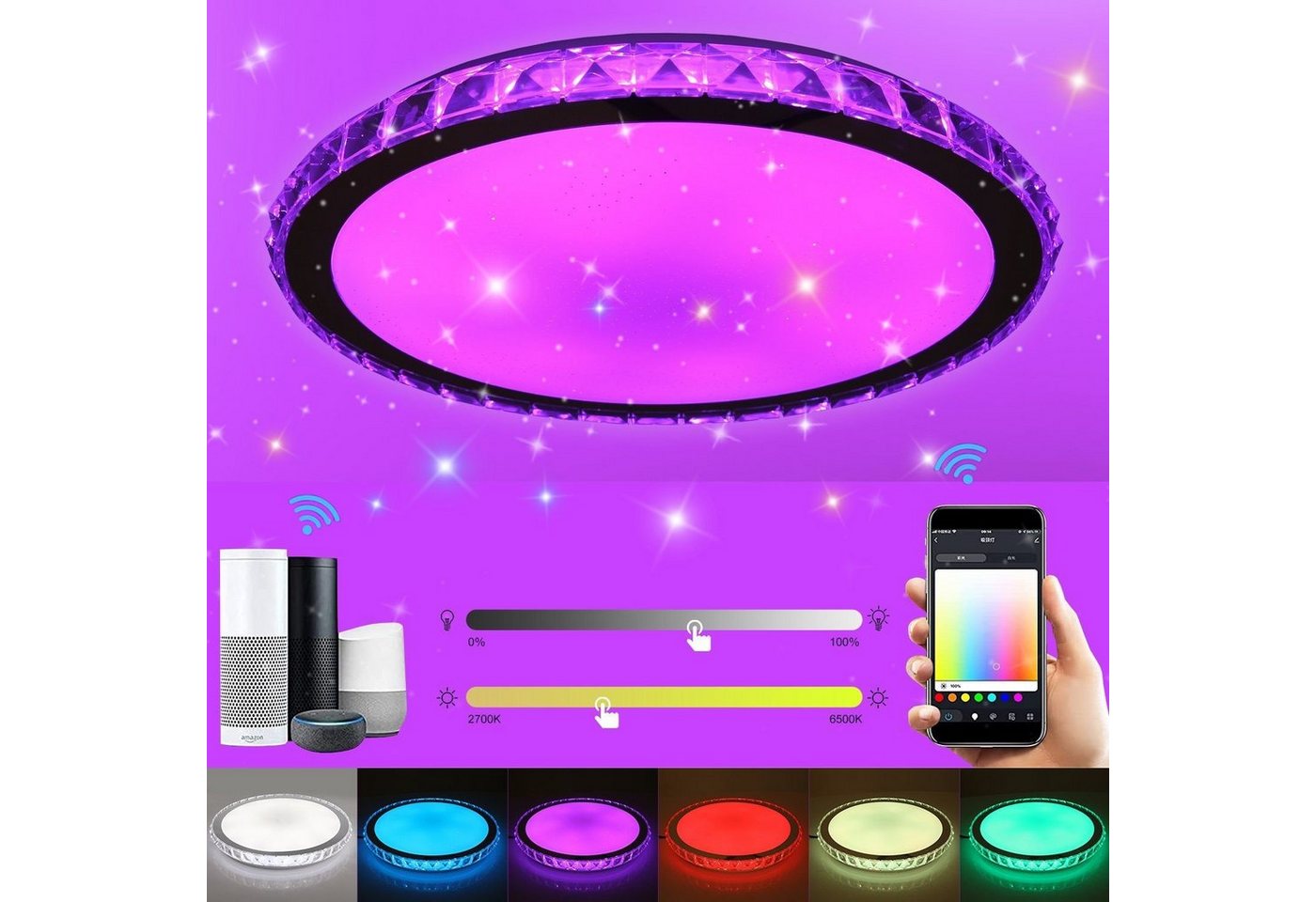 WILGOON Deckenleuchte RGB Sternenhimmel Dimmbar, Fernbedienung APP, Ø40cm x 6cm, LED fest integriert, RGB, Warmweiß, Neutralweiß, Kaltweiß, 36W Kristall LED Deckenlampe, für Wohnzimmer Küche Kinderzimmer von WILGOON