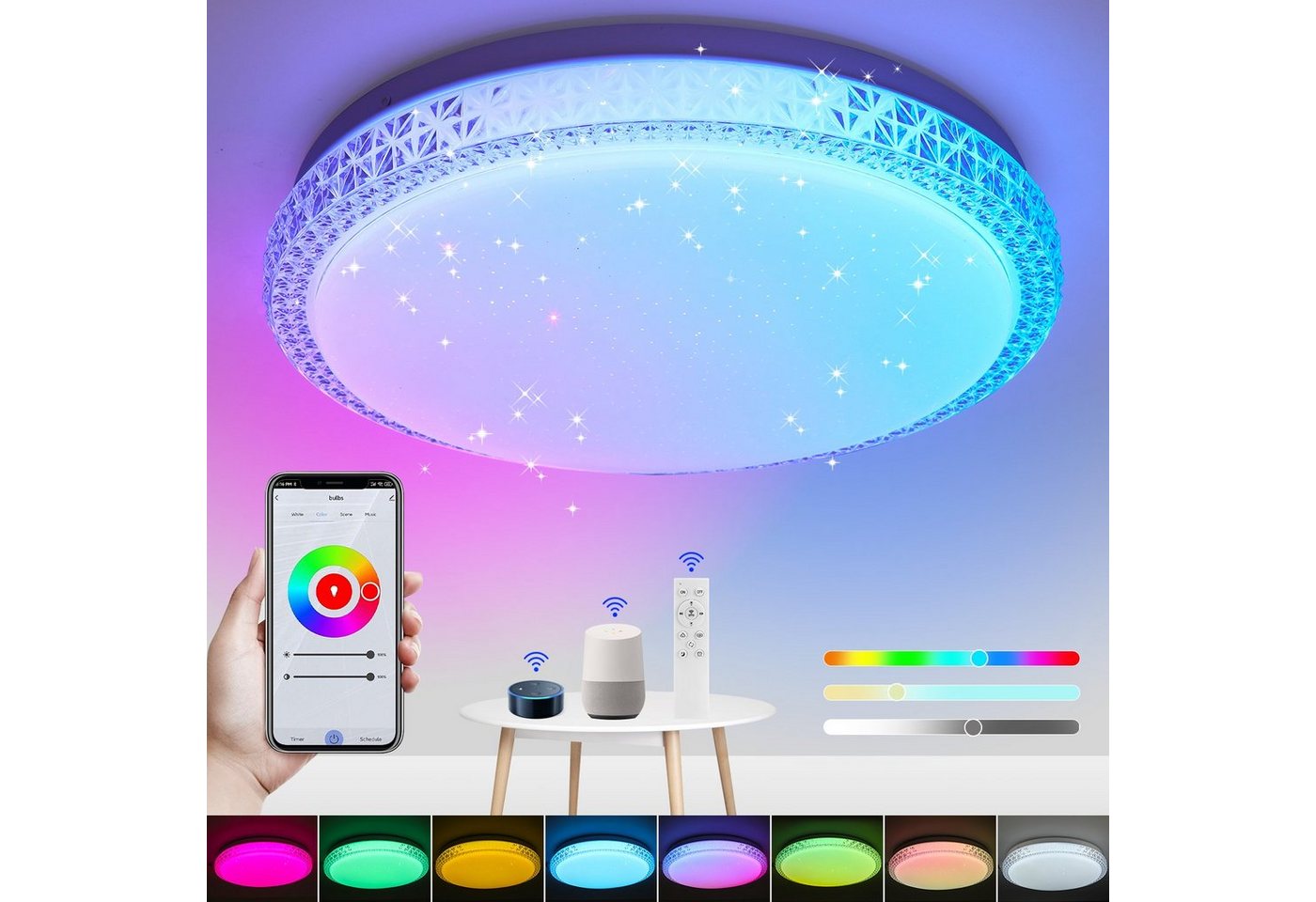 iscooter Deckenleuchte RGB Sternenhimmel Dimmbar, Fernbedienung APP, Ø40cm x 6cm, LED fest integriert, RGB, Warmweiß, Neutralweiß, Kaltweiß, 36W Kristall LED Deckenlampe, für Wohnzimmer Küche Kinderzimmer von iscooter