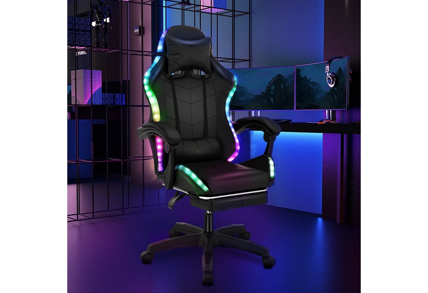 iscooter Gaming-Stuhl Gaming Chair mit RGB-LEDs, verstellbarer Rücklehne mit Fußstütze, Bürostuhl Massage Lendenkissen, Ergonomischer Gamer Stuhl, bis 150kg von iscooter