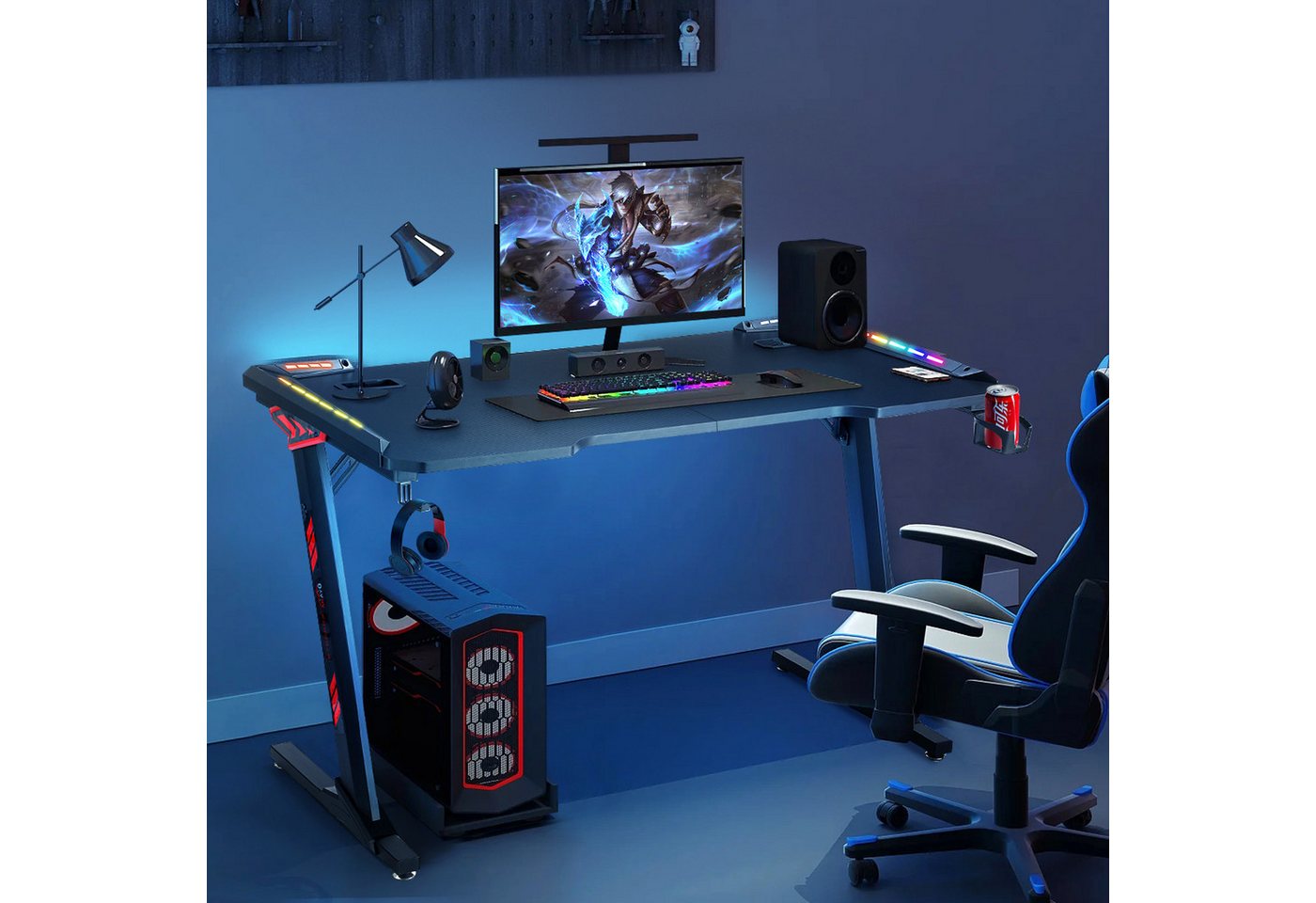 iscooter Gamingtisch Gaming Schreibtisch mit LED, Computertisch mit Kohlefaser Oberfläche, PC Gaming Tisch für Gaming mit Kopfhörerhaken und Getränkehalter von iscooter