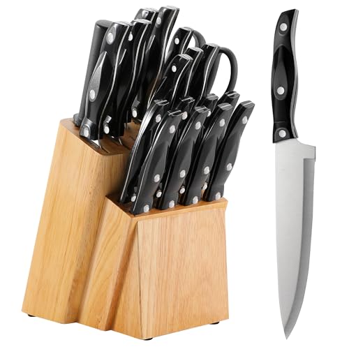 19-teiliges Küchenmesser-Set für die Küche mit Block, ultrascharfes Kochmesser-Set, Edelstahl mit hohem Kohlenstoffgehalt mit Spitzer, schwarzer ABS-Griff von isheTao