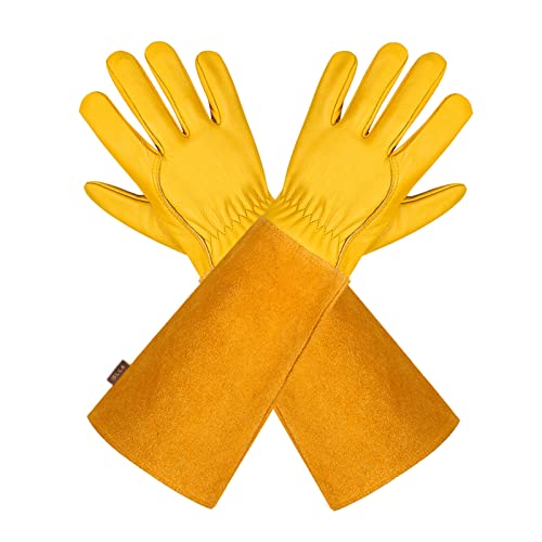 Gartenhandschuhe aus Leder für Damen und Herren – Isilila atmungsaktive Rosen-Handschuhe mit Dornschutzhandschuh, Lange Rindslederärmel, Gartenarbeitshandschuhe für Gärtner und Bauern, gelb von isilila