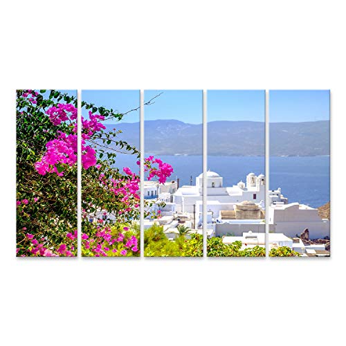 Bild Bilder auf Leinwand Landschaftsansicht des traditionellen griechischen kykladischen Dorfes mit Blumen im Vordergrund und selektivem Fokus, Plaka, Griechenland Wandbild, Poster, Leinwand Bild Bilder auf Leinwand Landschaftsansicht des traditionellen griechischen kykladischen Dorfes mit Blumen im Vordergrund und selektivem Fokus, Plaka, Griechenland Wandbild, Poster, Leinwand von islandburner
