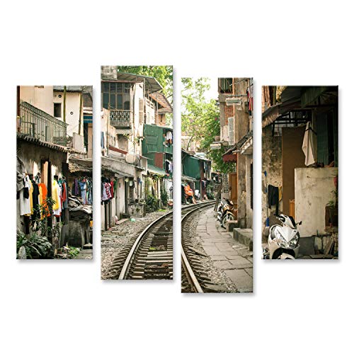 Bild Bilder auf Leinwand Lokale Häuser in der Nähe der aktiven Eisenbahn in der Altstadt von Hanoi, Vietnam. Wandbild, Poster, Leinwandbild QFO von islandburner,