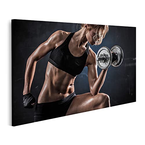 Bild auf Leinwand Fitness Hanteln Brutal Athletische Frau Pumping Up Muskeln Wandbild Poster Kunstdruck Bilder von islandburner