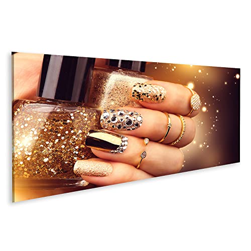 Bild auf Leinwand Goldene Maniküre Mit Edelsteinen Und Funkelt Eine Flasche Nagellack Trendige Accessoires Wandbild Poster Kunstdruck Bilder von islandburner