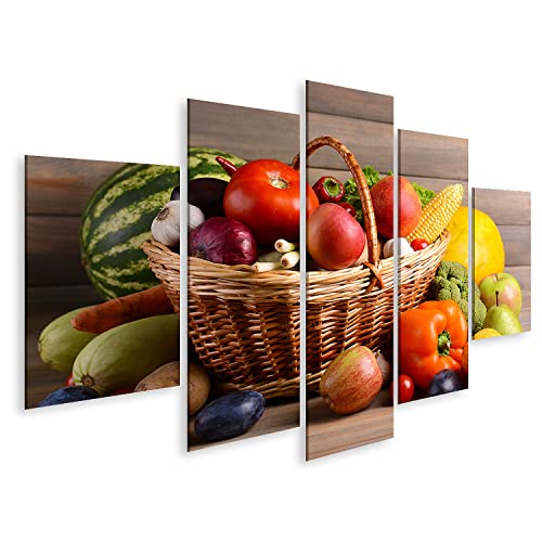 Bild auf Leinwand Korb Mit Bio Obst Und Gemüse Auf Holzuntergrund Food and Drinks Leinwandbild Wandbild Prime Bilder für Wohnzimmer etc. von islandburner