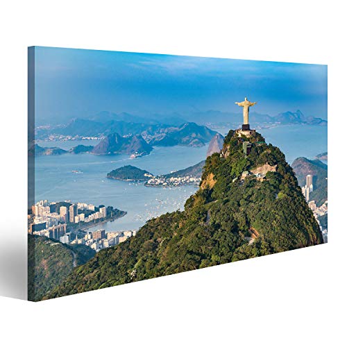 Bild auf Leinwand Luftaufnahme von Rio De Janeiro. Corcovado Berg mit Statue von Christus dem Erlöser mit Blick auf die Landschaft von Rio Wandbild Leinwandbild Kunstdruck Poster 100x57cm von islandburner,